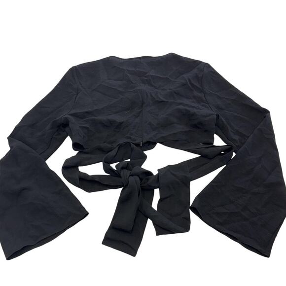ASOS Blouse Womens 10 Black Tie Front Crop Top Long Bell Sleeve V Neck Wrap - Picture 2 of 7